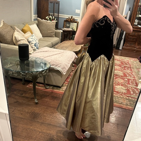 vintage 1980s gunne sax style Black Gold Bow Strapless Holiday Dress Bow - Picture 2 of 14